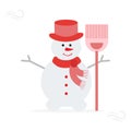 Snowman in hat, scarf with broom Royalty Free Stock Photo