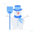 Vector illustration with snowman in hat and scarf with broom. Funny cartoon winter illustration . Happy New Year, Christmas Royalty Free Stock Photo
