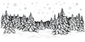 Vector illustration of snowy firs. Winter forest covered with the snow, hand drawn sketch.