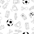 Football set seamless pattern. Vector illustration of a soccer ball, boots, soccer gloves and gate seamless pattern. Background so