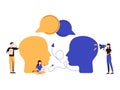 Vector illustration, social communication, two big heads share thoughts, sociability,
