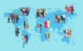 Vector illustration of social and demographic world map on blue background. Multi ethic people in groups.