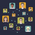 Vector illustration of social network, global people internet connection, men app icons in flat style.