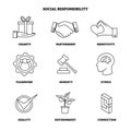 Vector illustration with social responsibility outlines icon set. Collection with charity and ethics symbols. Company CSR basics.