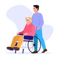 Vector illustration of social worker. Cartoon scene with a man who looks after pensioners in wheelchair on white Royalty Free Stock Photo