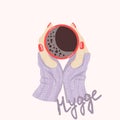 Vector illustration in soft warm colors of woman`s hands in knitted lavender gloves holding red cup of coffee matching red nails