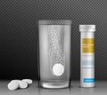 Vector illustration of soluble round tablets in a glass of water and a container for them.