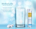 Vector illustration of soluble round tablets in a glass of water and a white cylindrical container.