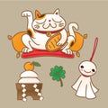 Japanese lucky symbols: beckoning cat, new year round rice-cake offering, sunny doll and four-leaf clover