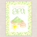 Vector illustration of spa party invitation with colorful mosaic frame with clay, plumeria flower and body brush