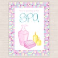 Vector illustration of spa party invitation with colorful mosaic frame with liquid soap and candle