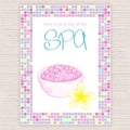 Vector illustration of spa party invitation with colorful mosaic frame with sea salt bowl and plumeria flower