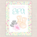 Vector illustration of spa party invitation with colorful mosaic frame with thai herbal massage accessory - balls, stones, orchid