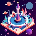 Vector illustration of space exploration. Futuristic flat design with planets, stars, comets and spaceship. Generative AI