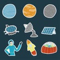 Vector illustration of space exploring pack. Sticker pack with planets, satelline, robot, radio station, solar battery, astronaut