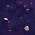 Vector illustration of space, universe. Cute cartoon planets, asteroids, comet, rockets. Kids illustration. Royalty Free Stock Photo