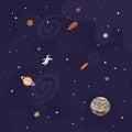 Vector illustration of space, universe. Cute cartoon planets, asteroids, comet, rockets. Kids illustration. Royalty Free Stock Photo