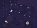 Vector illustration of space, universe. Cute cartoon planets, asteroids, comet, rockets. Kids illustration. Royalty Free Stock Photo