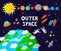 Vector illustration of space, universe. Cute cartoon planets, asteroids, comet, rockets Royalty Free Stock Photo