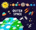 Vector illustration of space, universe. Cute cartoon planets, asteroids, comet, rockets Royalty Free Stock Photo