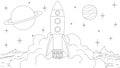Vector illustration, spaceship, rocket, takes off from the surface of the planet, coloring book.a