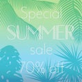 Vector illustration of special summer sale text on the background of palm leaves silhouettes Exotic banner, poster