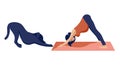 Vector illustration of a sporty beautiful pregnant young woman and her pet dog practicing yoga, meditating in the pose