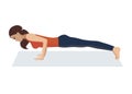 Vector illustration of sporty bright beautiful young girl doing yoga in plank pose and meditation on the mat isolated on