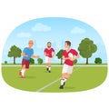 Vector illustration of the sporty people playing the rugby on the lawn.