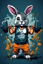 Vector illustration of a sporty rabbit with dumbbells on grunge background
