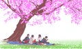 Vector illustration of spring cherry blossom view festival picnic under cherry tree