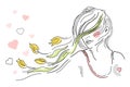 Vector illustration of spring girl, young woman with flying hair, pink hearts, yellow tulips