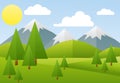 Vector illustration of spring landscape, mountain, forest in flat style.
