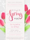 Vector illustration of spring party poster template with lettering label, tulip flowers and flares