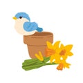 cartoon sparrow bird on pot