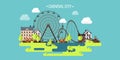 Vector illustration.Spring summer. Ferris wheel. Carnival funfair background. Circus park. Skyscrapers with roller Royalty Free Stock Photo