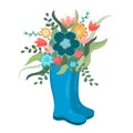 Vector illustration spring wellies boots with blooming bouquet spring flowers, cotton. Spring symbol flat style.