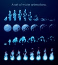 Sprite sheet of water splashes. A set of animations for game or cartoon.