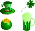 Vector illustration. St. Patrick's Day hat, chetyrehlistvennik, beer mug, pot of gold