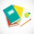 Vector illustration of stack of books with pencil and apple. Royalty Free Stock Photo