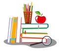 Vector illustration with a stack of books, a pencil holder, a magnifier and an apple. Royalty Free Stock Photo