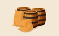 Vector illustration of stacks of wooden barrels with sacks isolated on a light background Royalty Free Stock Photo