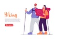 Vector illustration of standing couple of hikers travelers with backpacks looking at the map