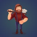 Vector illustration of standing lumberjack with axe. A cartoon character of happy feller with beard in red shirt and tailors. A co