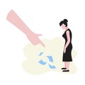 Vector illustration of woman looking to the floor on flying papers and big hand point a finger on scattered papers