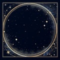 vector illustration of a starry night sky with a golden frame and stars on a black background Royalty Free Stock Photo