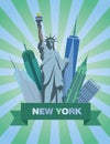 Vector illustration with Statue of Liberty and the skyscrapers.