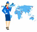 Vector illustration of a stewardess in blue uniform holding tickets in hand