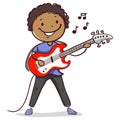 Vector Illustration of Stick Kid Figure of Black Boy playing Electric Guitar