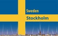 Vector illustration of Stockholm city skyline with flag of Sweden on background